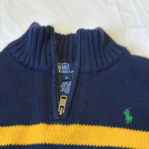 Polo Ralph Lauren Boys 5 Blue Navy Yellow Knit Sweater Logo Zip Pullover Stripe - Picture 3 of 6